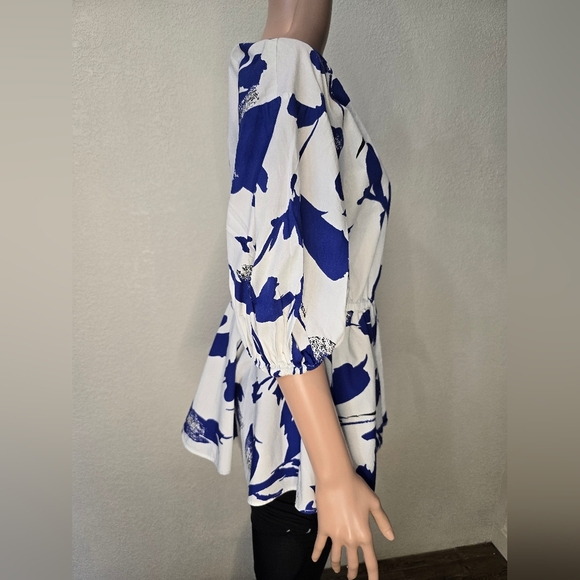 Jason Wu White/ Blue  Puff Sleeve Peplum Top Size 8 V-Neck - Picture 9 of 11